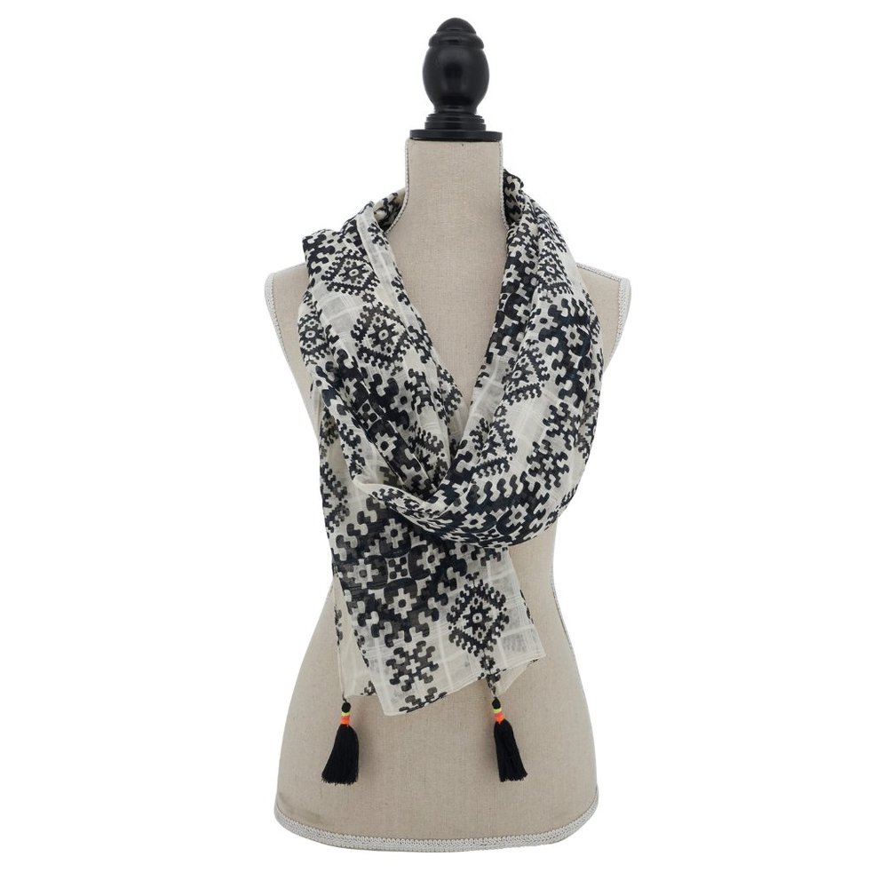 Black and Ivory Wight Moroccan Tasseled Ladies Fashion Scarf 20" x 71" wrap shaw